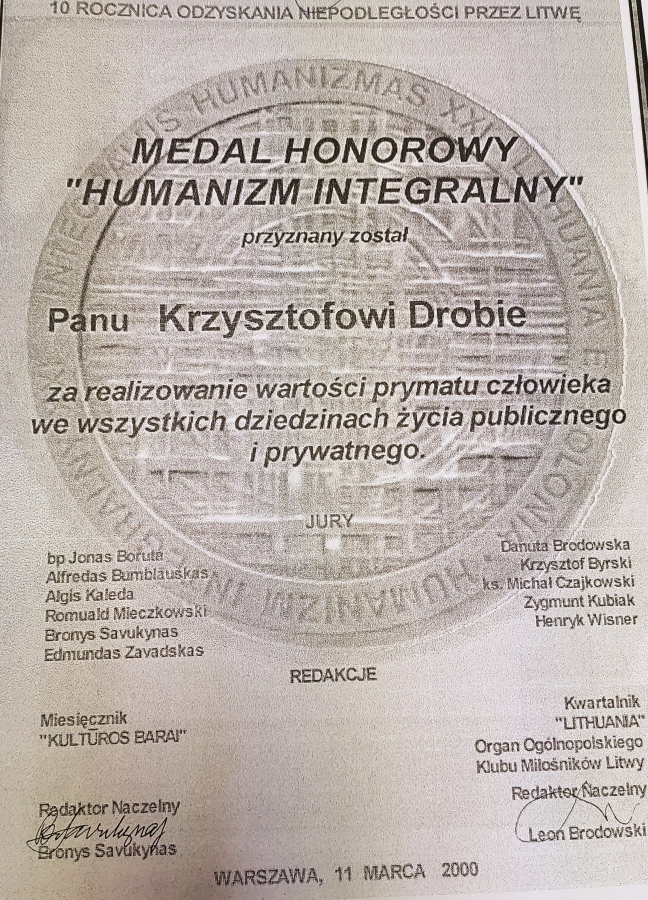 Honorary Medal ‘For Integral Humanism’, granted to him on the 10th anniversary of Lithuania regaining independence